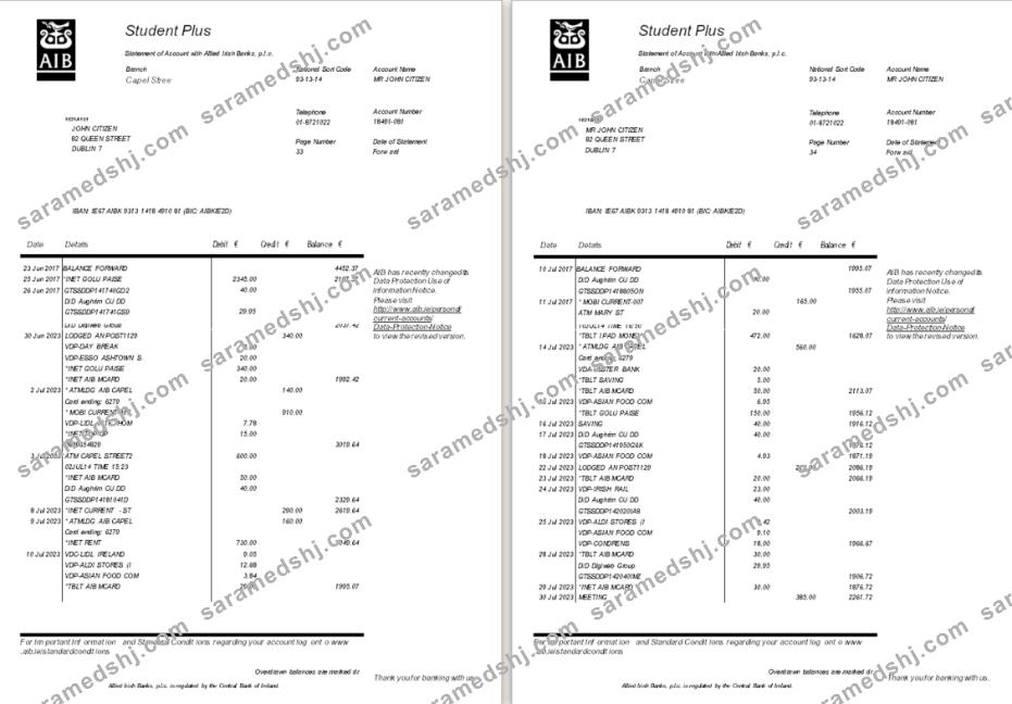 Ireland AIB bank statement template, Word and PDF format, 6 pages